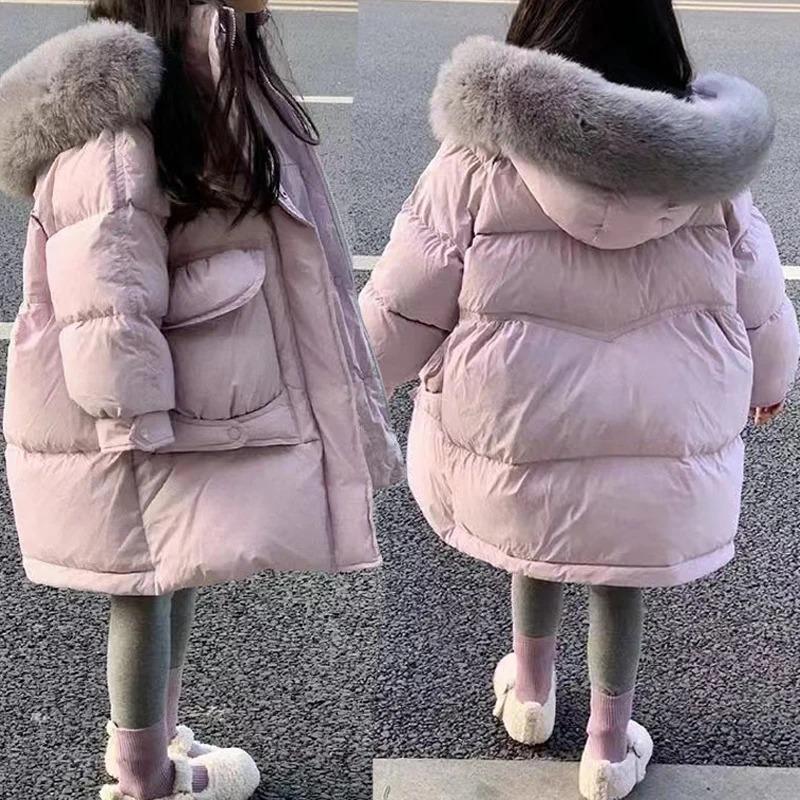 Winter Girls Jacket Long Solid Color Thick Warm Big Fur Collar Hooded Zipper Coat Teen Kids Parka