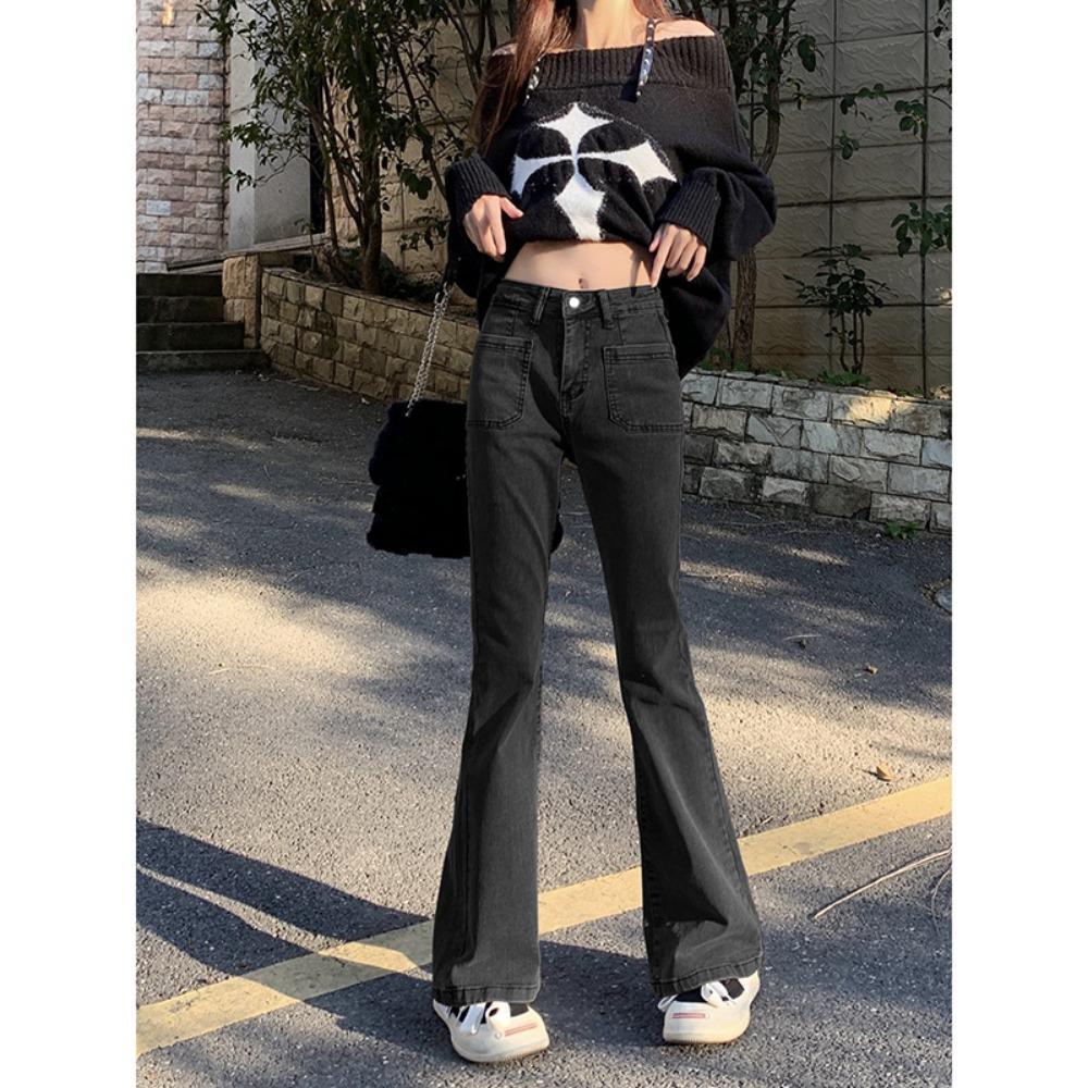 Retro Korean Version of Micro-flared Jeans for Women's Spring and Autumn New High-waisted and Thin Spice Girl Wide-leg Jeans