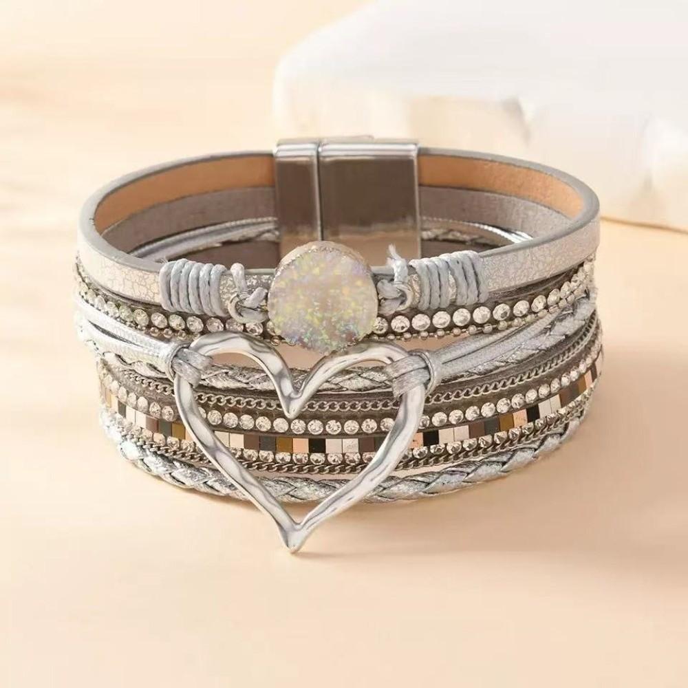 Braided Heart Woven Bracelet Leather Stacked Zircon Bracelets  Female Jewelry
