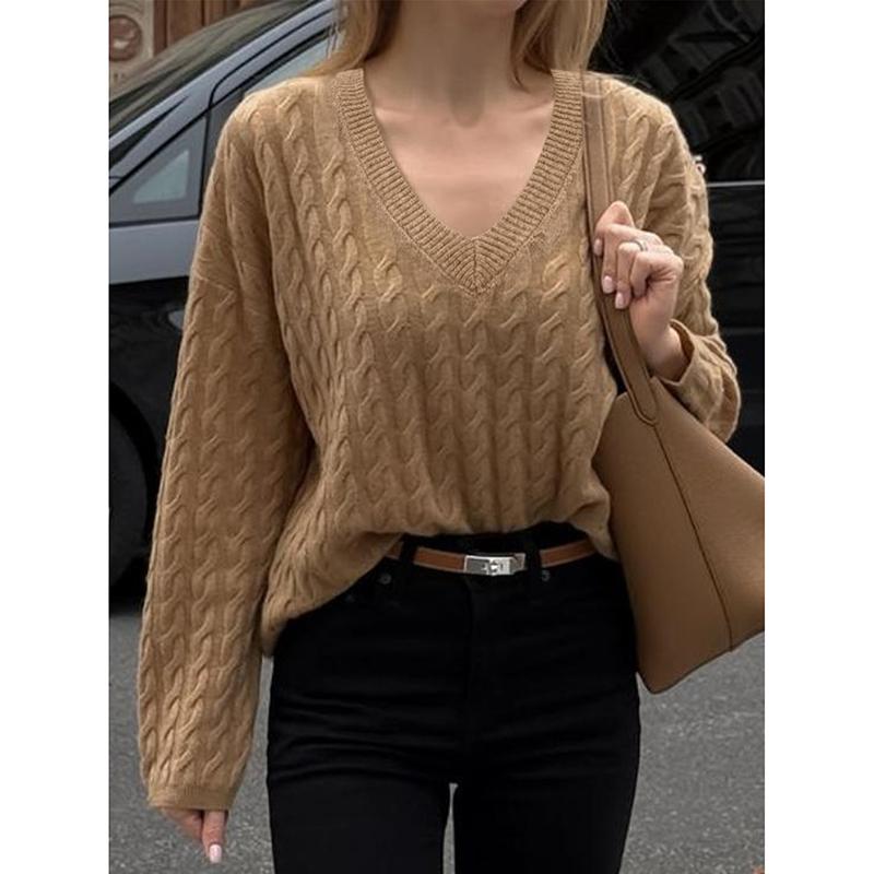 

Осенне-зимний повседневный свободный женский вязаный свитер с V-образным вырезом, ленивый стиль, жаккардовый вязаный свитер с длинным рукавом S дубильная кора