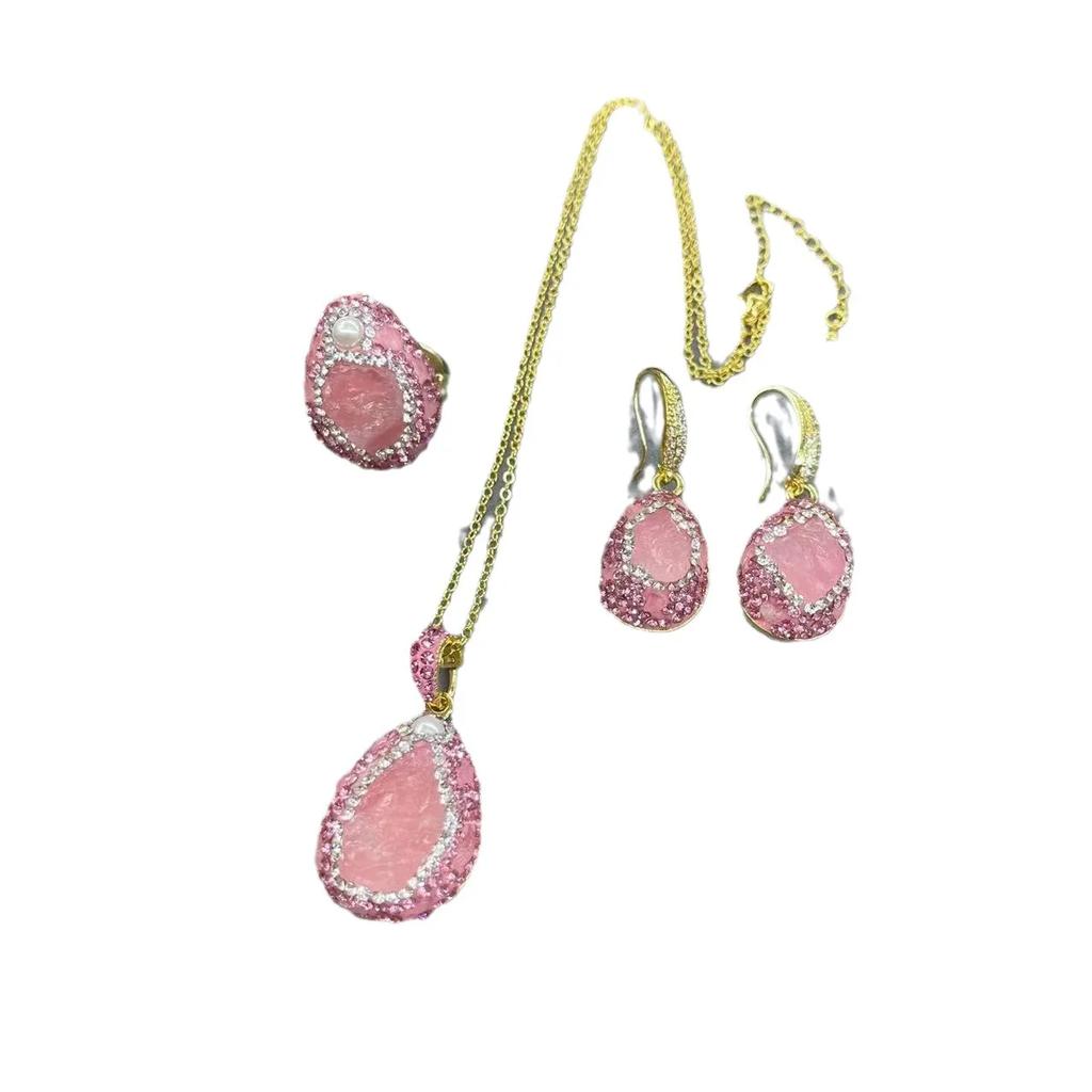New natural powder crystal rough stone Zircon set French fashion inlaid rhinestone three-piece set Zircon wholesa