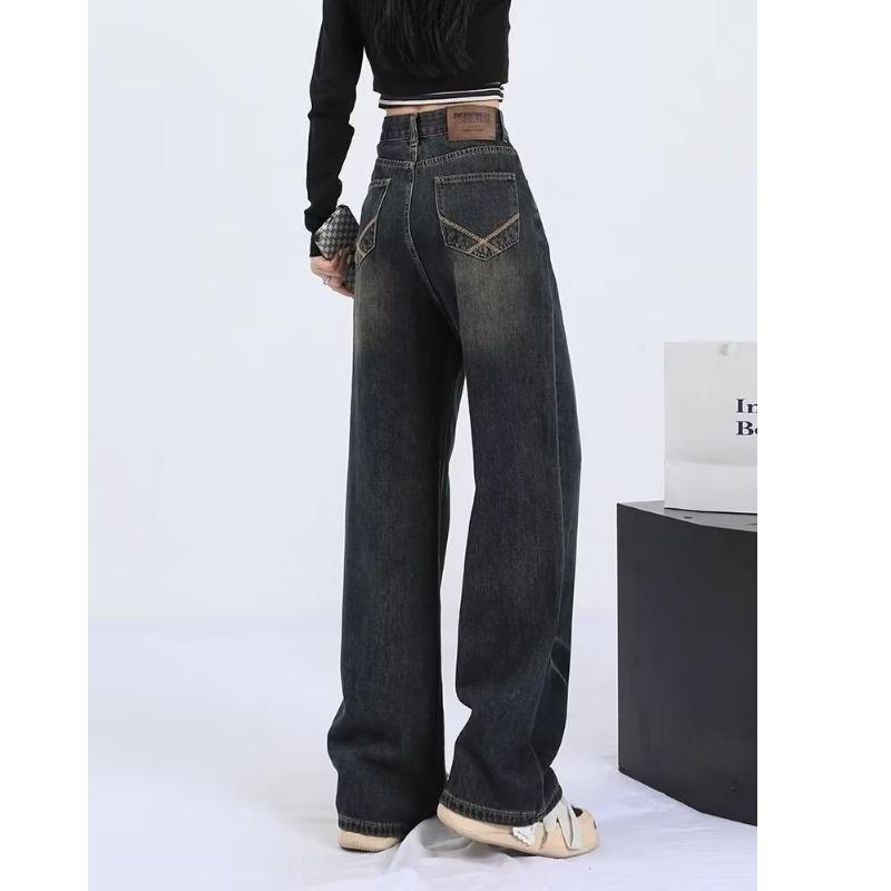 Dark Wash Wide-Leg Jeans for Women - American Retro Plus Size Flared Trousers