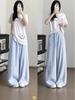 Women's Blue Ice Silk Cotton Wide-Leg Pants, Summer 2025 High-Waist Straight Draped Style