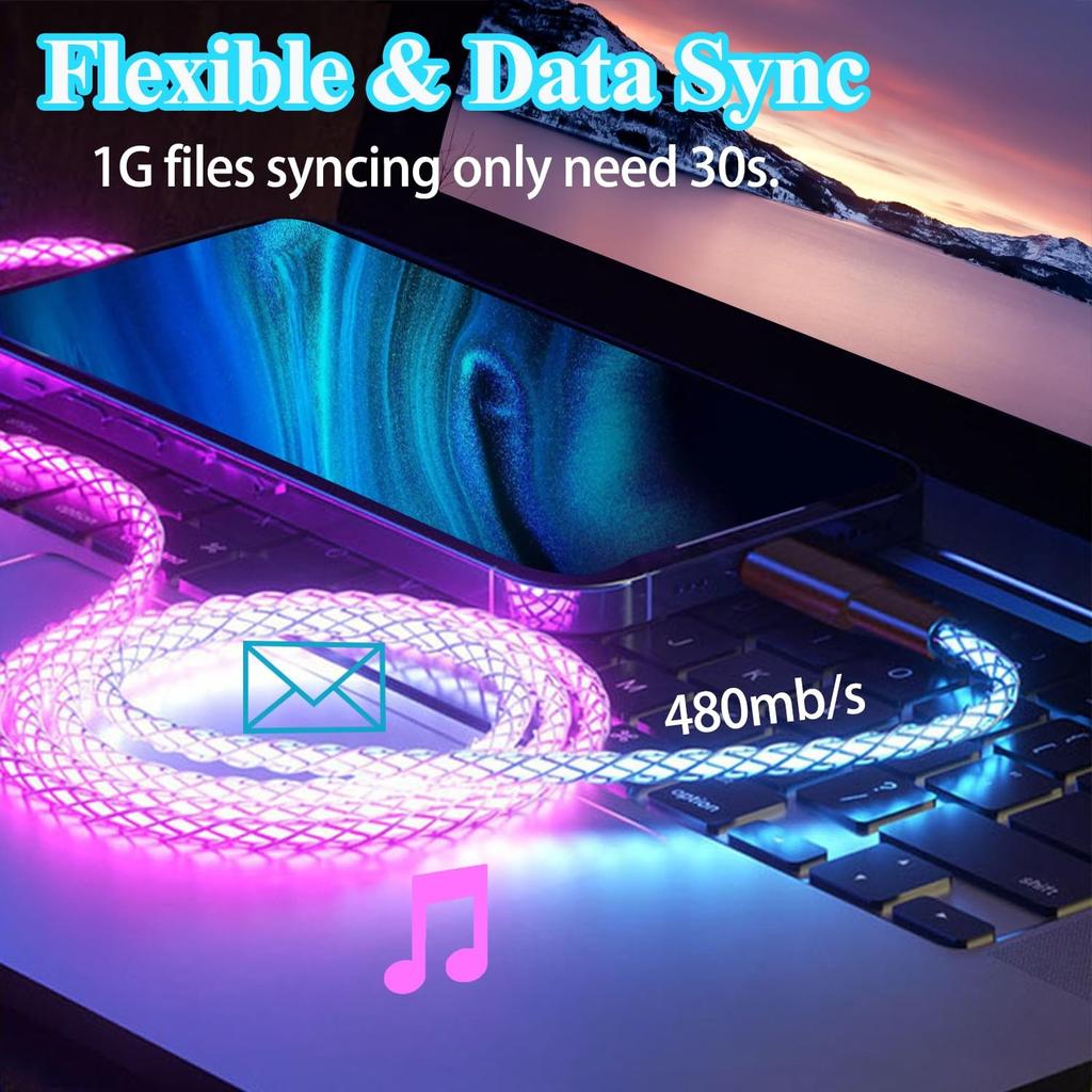 66W three in one LED charging cable RGB mobile LED fast charging cable/C-type/Micro USB cable suitable for mobile phonesSamsung,Huawei, Android, Sony