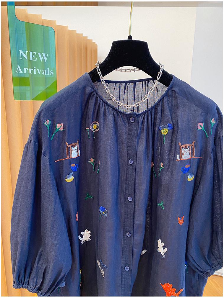 Women's Unique Embroidery Ramie Top - Extra Large, Lightweight, Chic, and Stylish for Summer 2026