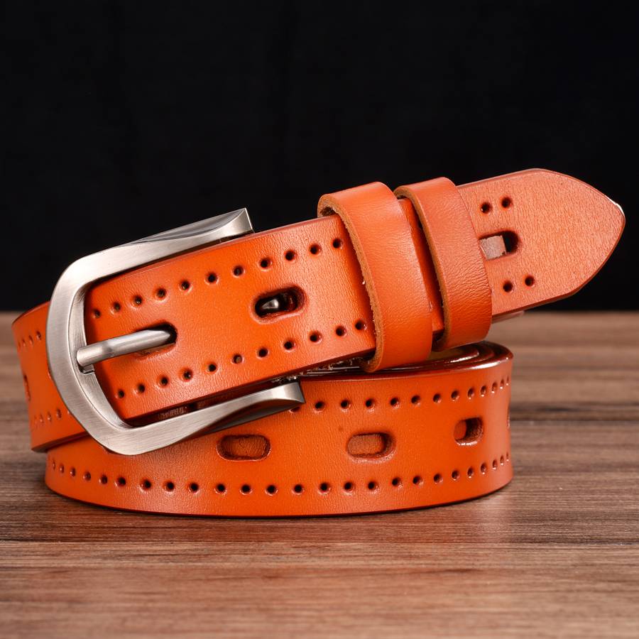 Women's Leather Belt Female Strap Waistband Hollow Out Belt Pin Buckle Length:95-110cm Black\Red\Coffee\Orange