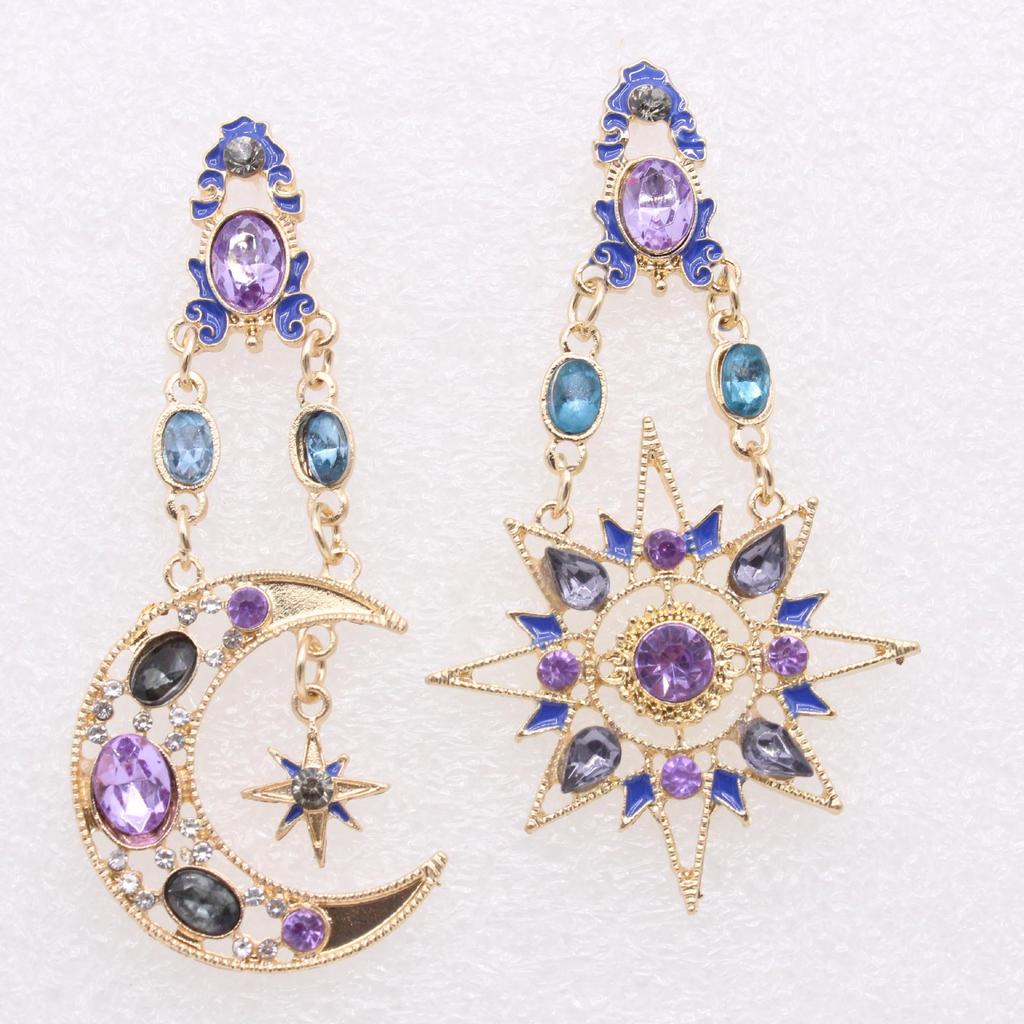 Women Style Star Sun Moon Crystal Asymmetry Dangle Earrings