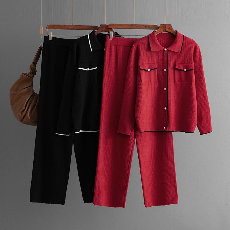 French Style Knitting 2pcs Suits Women Fake Pocket Single Breasted Polo Neck Top+Long Pants Fashion Two Pieces Sets