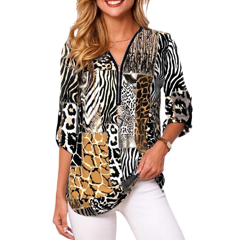 IHUASU V-neck Zip Plus Size Women's Long Sleeve Pull Up Sleeve Loose Shirt