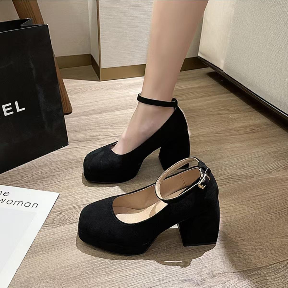

Suede Mary Jane shoes women s thick-heeled high heels waterproof platform thick-soled single shoes 42
