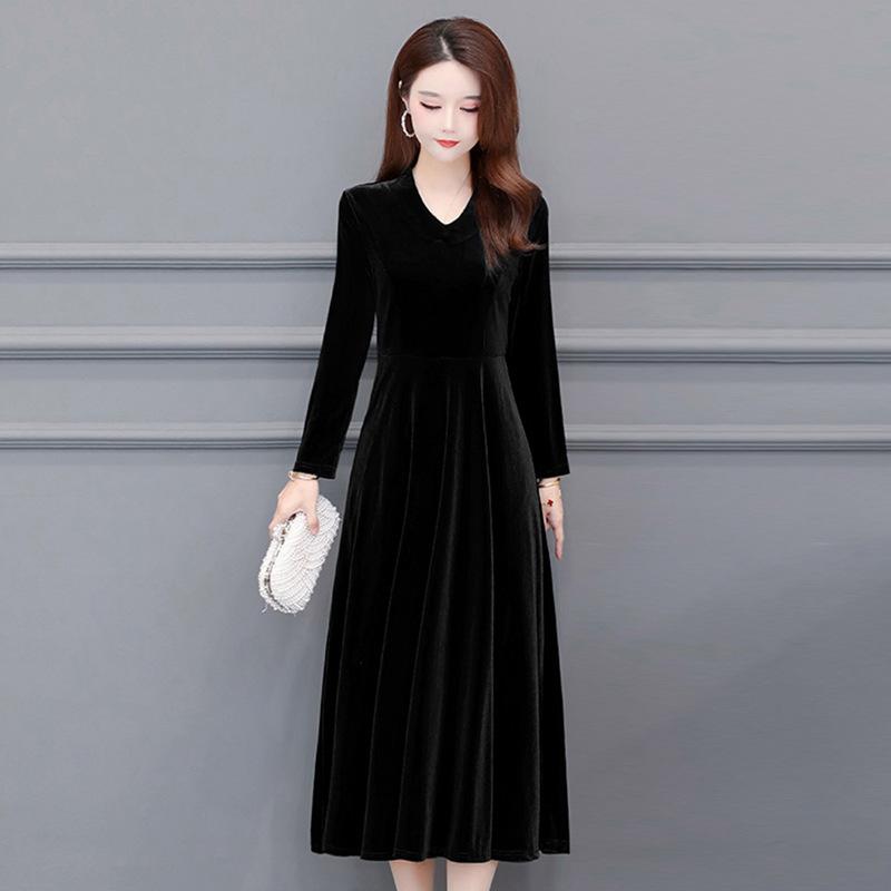 Velvet Vintage Women Maxi Dress OL Style Oversize Round Neck Long Sleeves Evening Dress Slim Fit Pleated Bodycon Prom Dress