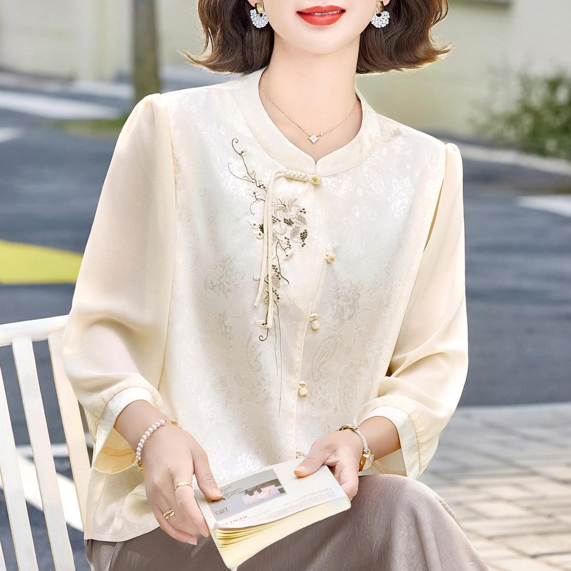 Petite Spring Seven-Sleeve Jacquard Chiffon Blouse for Middle-Aged Women 4XL - 135-150 lbs