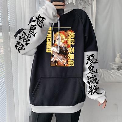 Harajuku Anime Demon Slayer Clothes Kyoujurou Rengoku Printed Hooded Men Women Patchwork Hoodies Harajuku Unisex Sweatshirt Tops