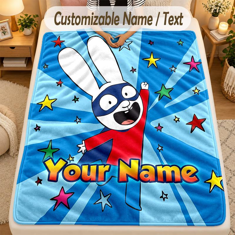 Flannel BlanketSimon Super Rabbit Custom Name Text Personalized Soft Warm Throw Blanket Home Decor Gift