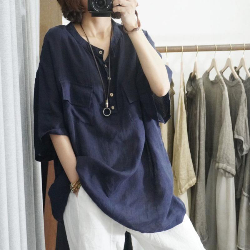 Southeast Asian Autumn Fashion Loose T-shirt Women's Solid Color Five-quarter Sleeve Plus-size Top for Women