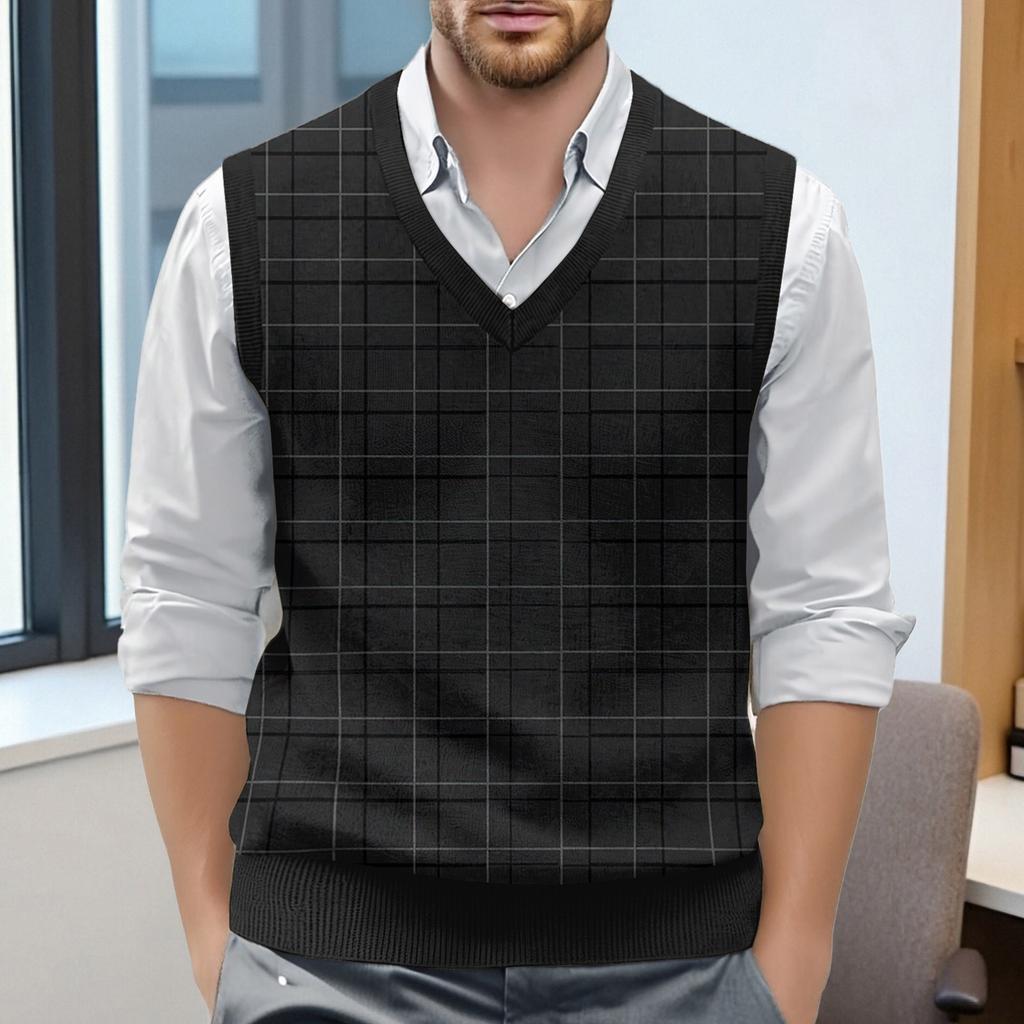 Men's Plaid Printed Sleeveless V-neck Vest Knit Jumper