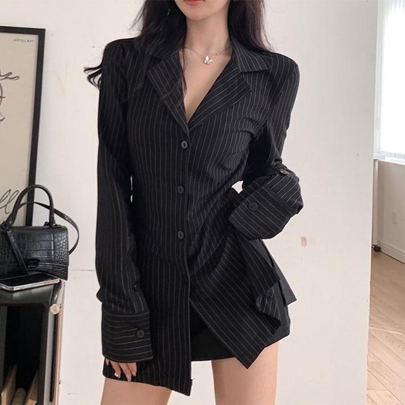 

Повседневные рубашки женские полосатые свободные с V-образным вырезом универсальные длинные топы женские весенние модные длинные рукава шикарные винтажные рубашки женские S 40-50KG чёрный