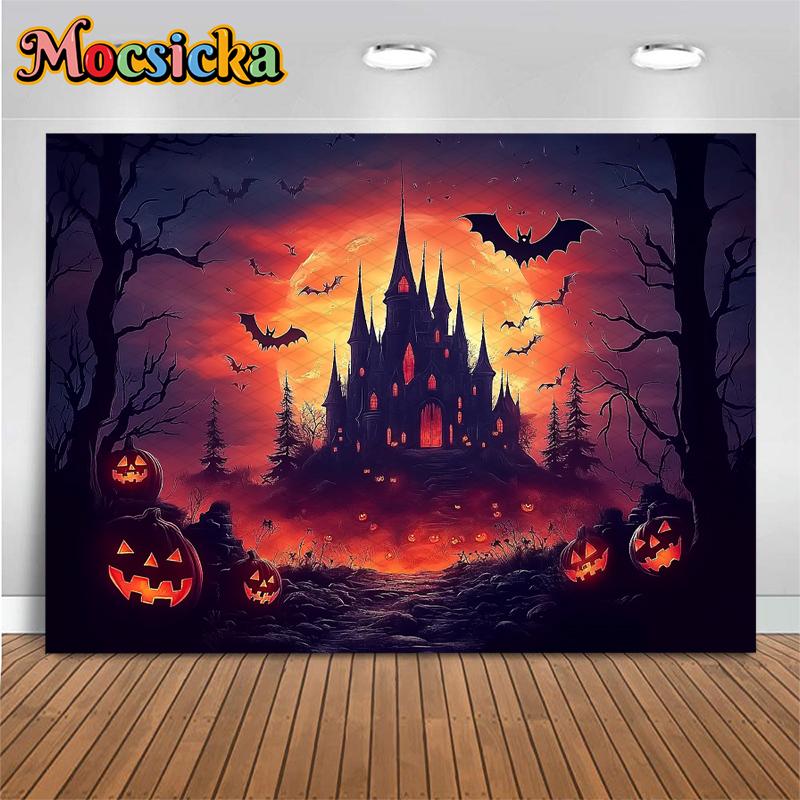 Mocsicka Halloween Purple Castle Photo Background Night Terror Forest Tree Bat Jack-O-Lanterns Party Decors Photography Backdrop