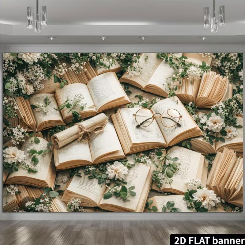 2D Book and Flower Themed Backdrop Photo Background Banner 47.2x31.5inch/120*80cm