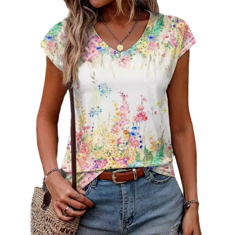 Summer Female Commuting Elegant V-neck Short Sleeved Purple Big Flower