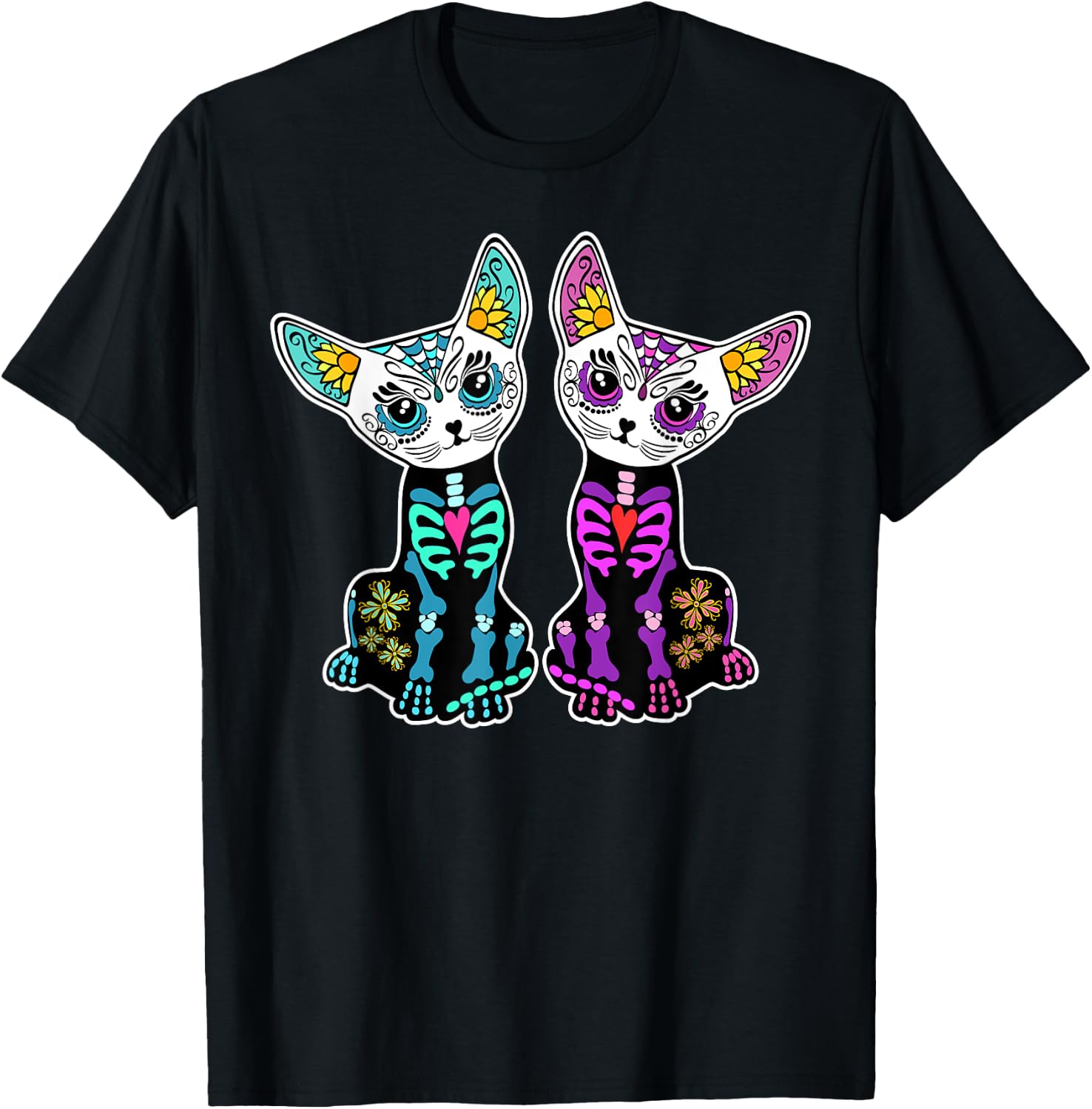 Day of Dead Sugar Cats Skeleton Skull T-Shirt S