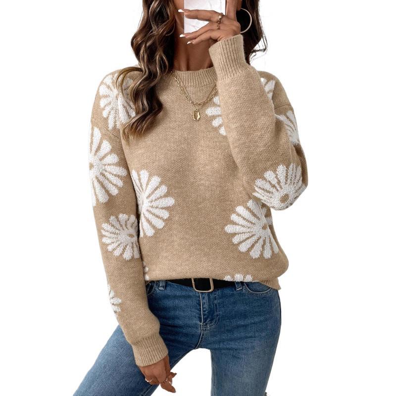 Women's Floral Knit Sweater: Long Sleeve, Loose Fit, Slimming Design for Autumn/Winter 2026