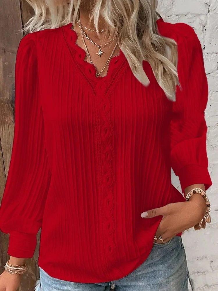Fashion Lace Patchwork Blouse Elegant Womens White Shirt Long Sleeved V Neck Loose Fitting Office Casual Tops