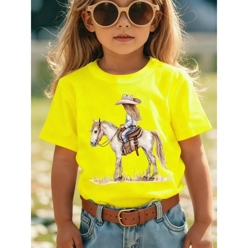 Girls  Crewneck T-Shirt, Cartoon Little Girl Riding Horse Print With Hat Design, Summer Versatile Casual Kids Tee