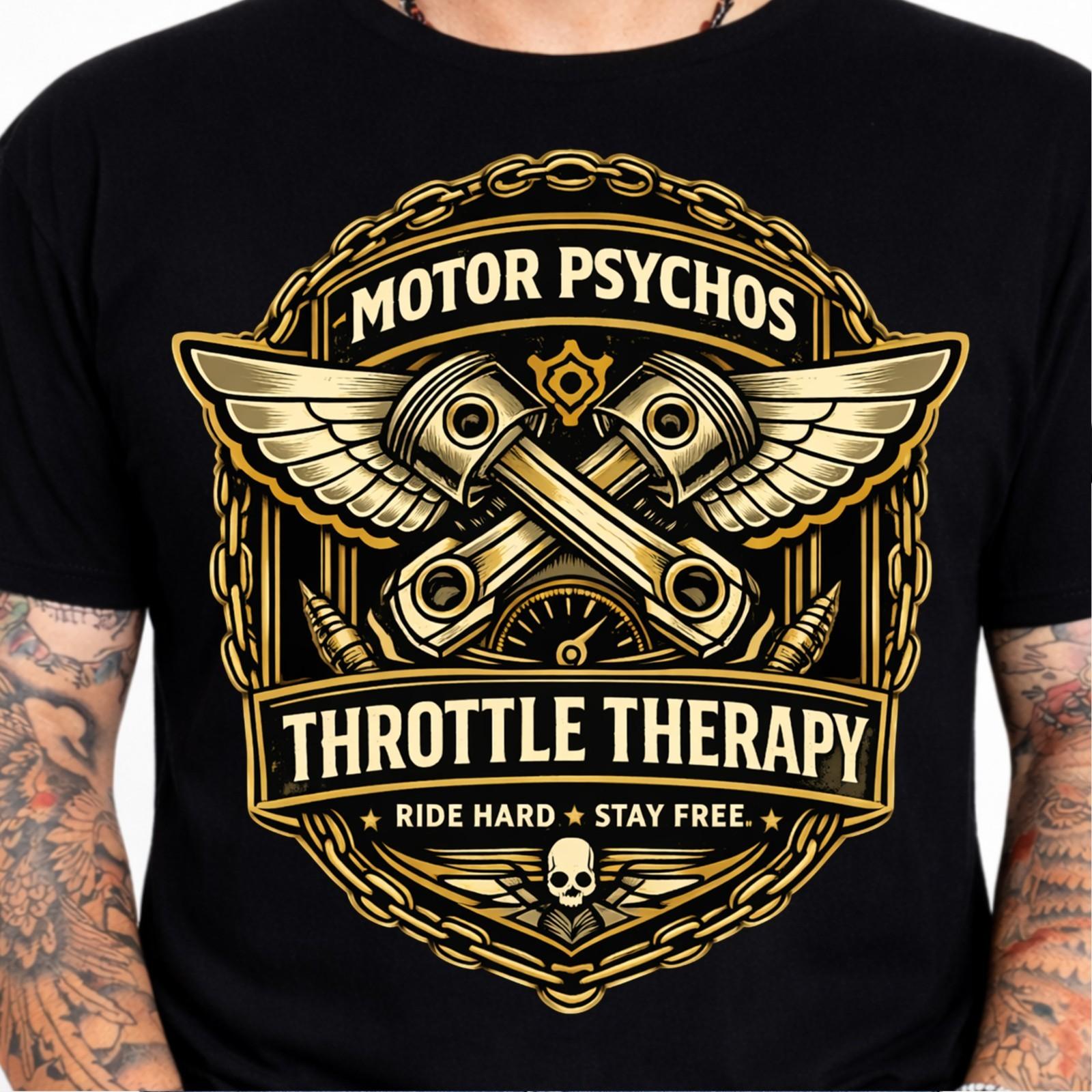 Motor Psychos Throttle Therapy Biker Motorcycle Pistons Wings Graphic T-Shirt. XXXL