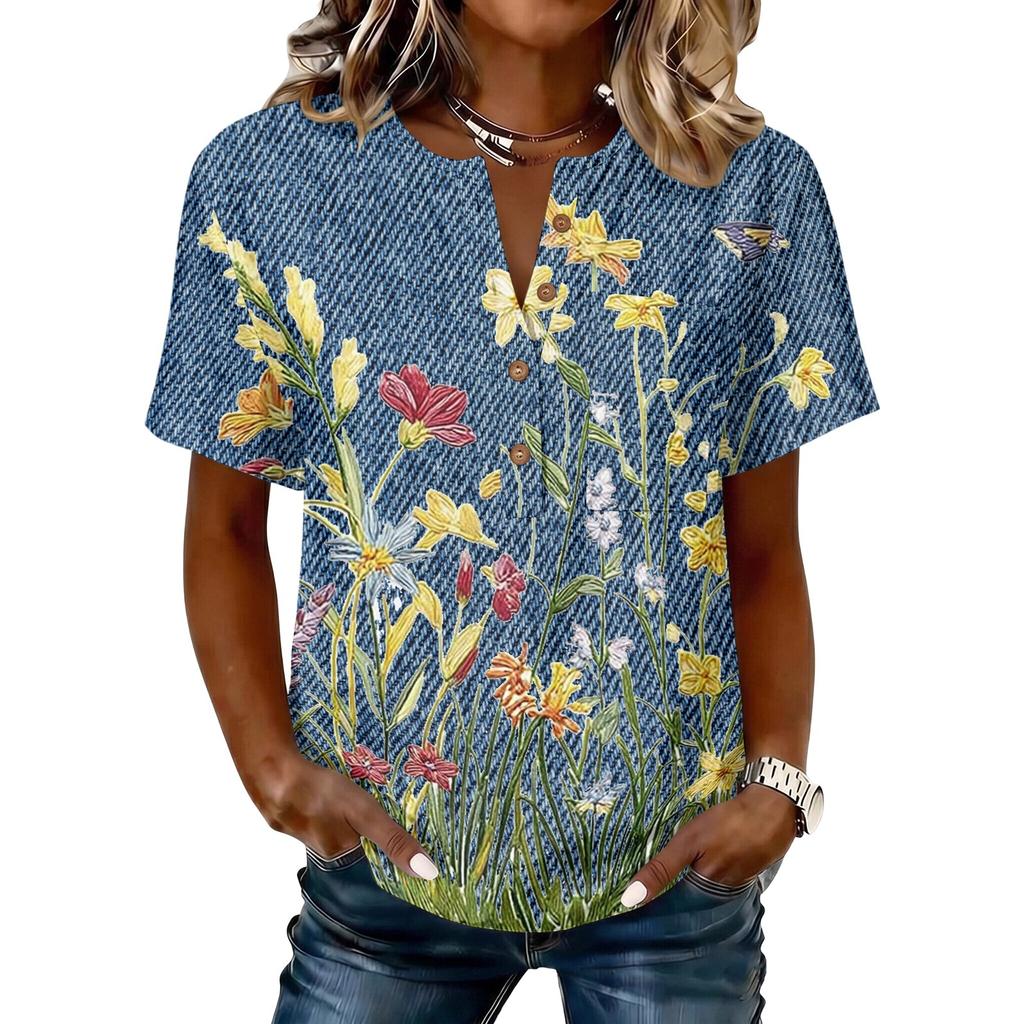 Women's Vintage Floral Print Short Sleeve Shirt Button Front Henley Neck Cotton Linen Blend Casual Top