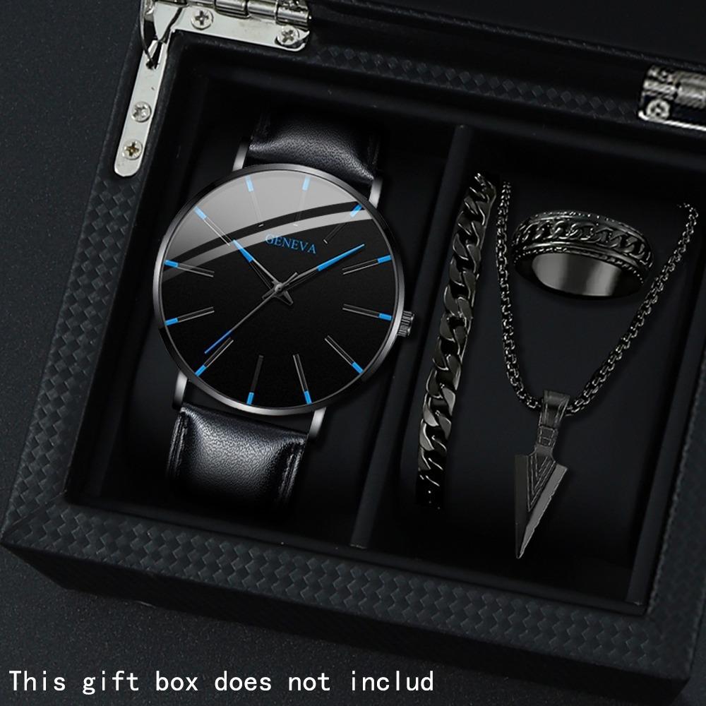4-Piece Set Watch Necklace Bracelet Ring Men S Watch Belt Watch Quartz Watch Fashion Men