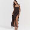 2025 Sexy Hot Girl Cross Border Summer Women's Dress with Strap, Square Collar, Mushroom Edge, Side Split Solid Color Dress
