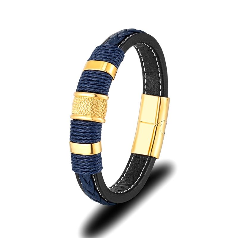 Punk Multilayer Braid Genuine Blue Leather Bracelet Titanium Stainless Steel Magnetic Buck Bracelet Men Homme Pulseras