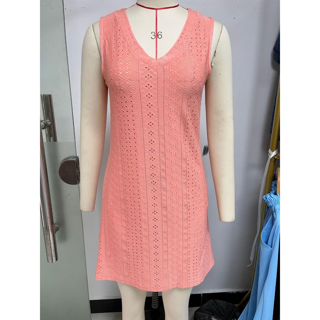 New Women's Solid Color V-neck Palace Lace Casual Pocket Summer Dress for Cross-border Europe America