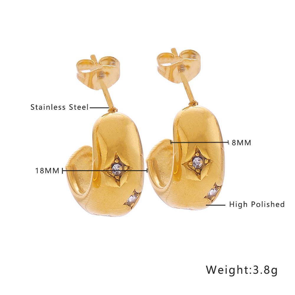 18K Gold Plated White Diamond Hoop & Stud Earrings - French Style Titanium Steel