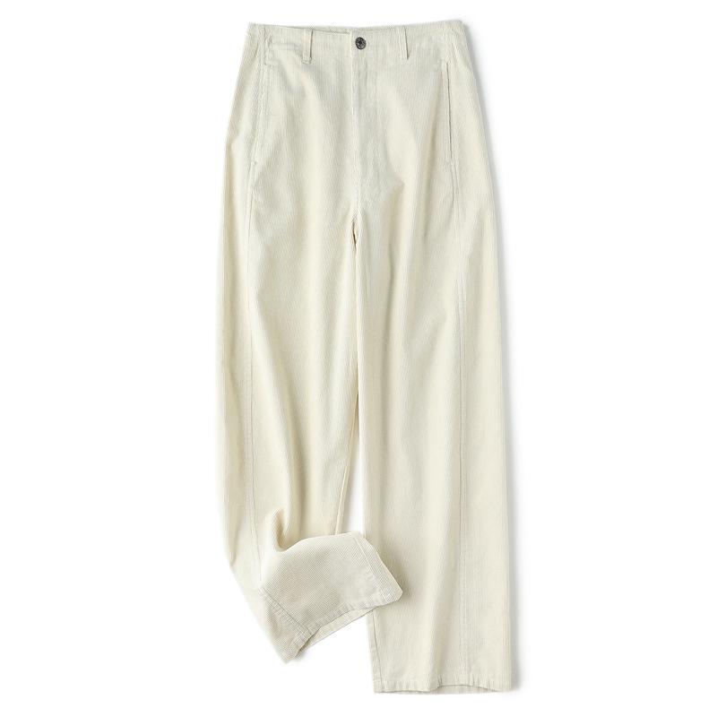Nordic Retro High-Waist Corduroy Scimitar Pants - 100% Cotton, Canelé Style, Straight Leg, Long.