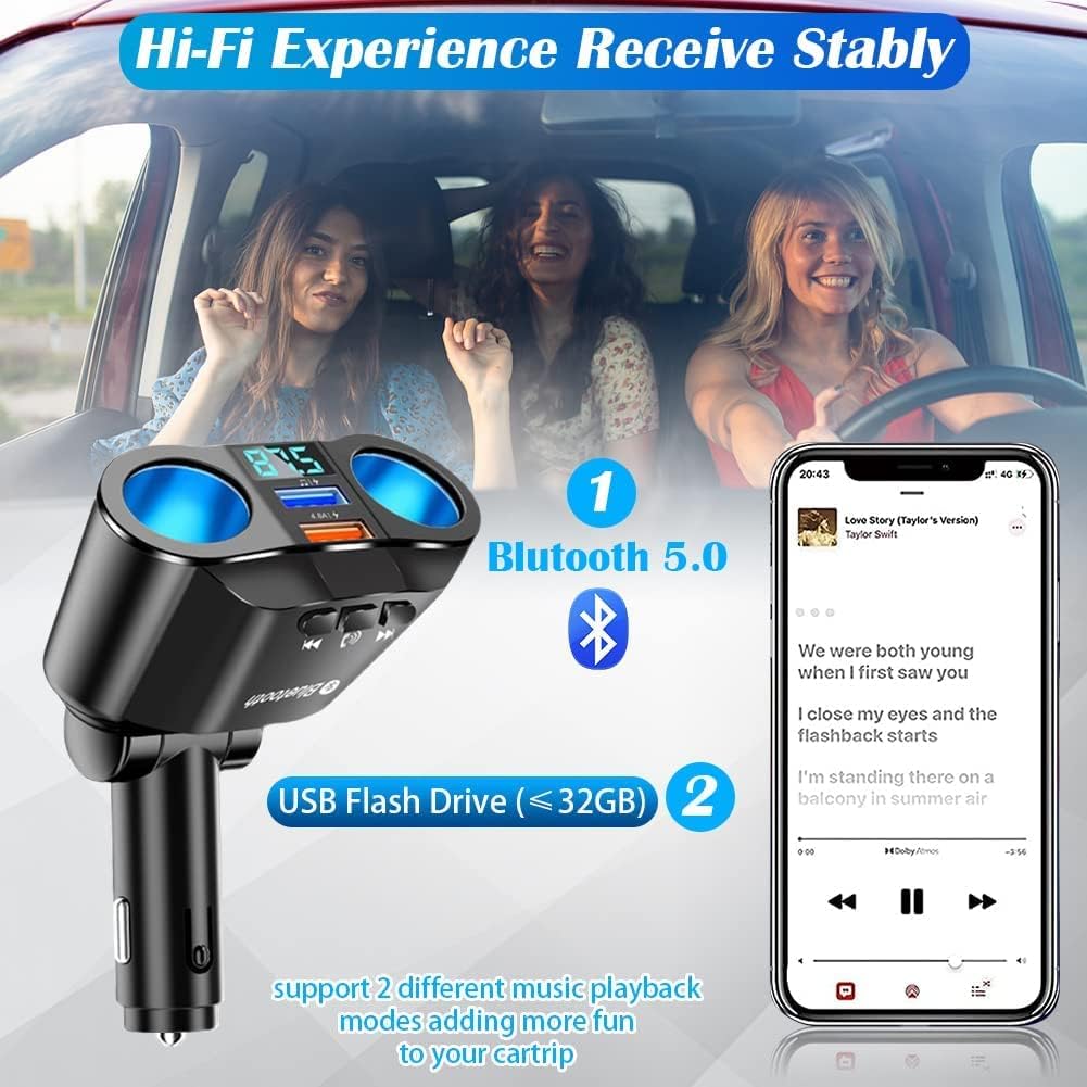 Bluetooth FM Transmitter Car Adapter, 2-Socket USB Charger, Hands-Free, Voice Control with Siri & Google