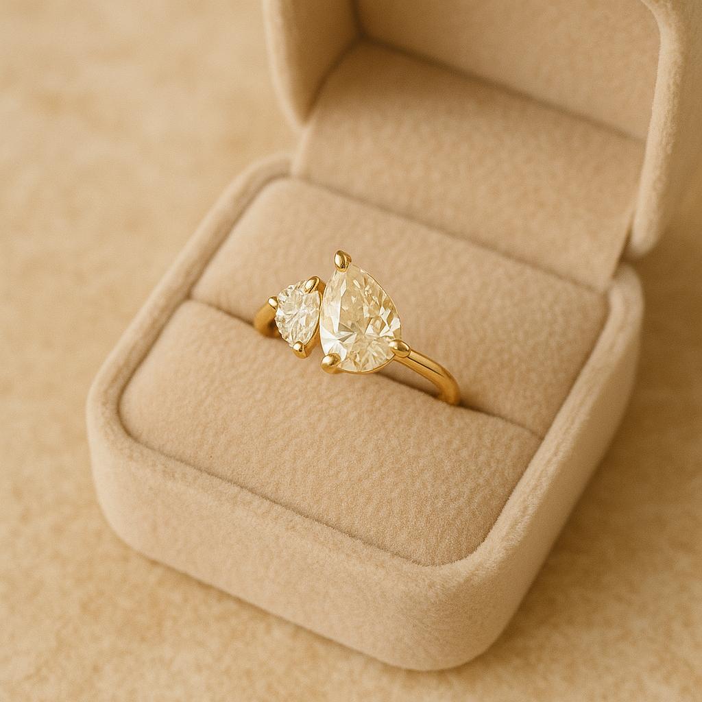 Two Stone Pear Cut Ring, Yellow Gold Plated 925 Sterling Silver, Bypass Engagement Jewelry, Anniversary Gift for Her