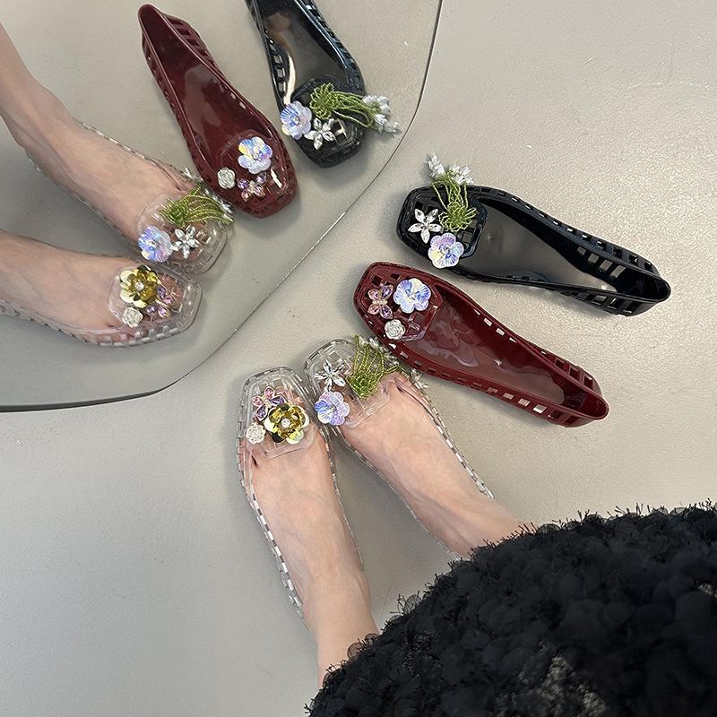DIY Net Sandals Super Fire Korean Retro Hole Shoes Crystal Shallow Mouth Lazy Transparent Jelly Shoes Red Square Head Women's Shoes
