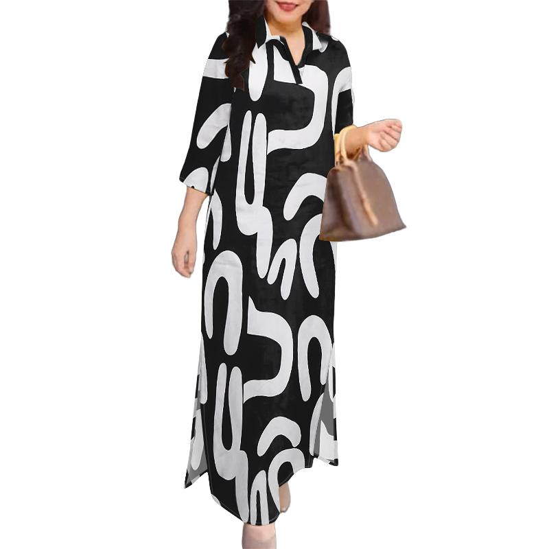 

ZANZEA Женское повседневное платье с отложным воротником, свободным рукавом 3/4 и принтом 4XL