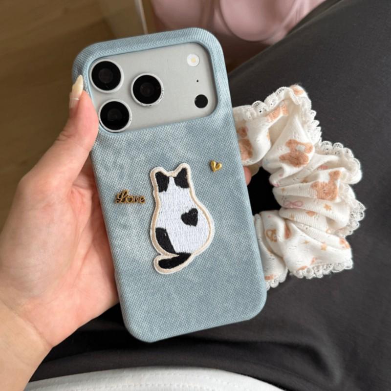 Embroidered Cat Denim Fabric Phone Case IPhone 17 Pro Max 16 15 13 Protective Cover Soft Stitched Design