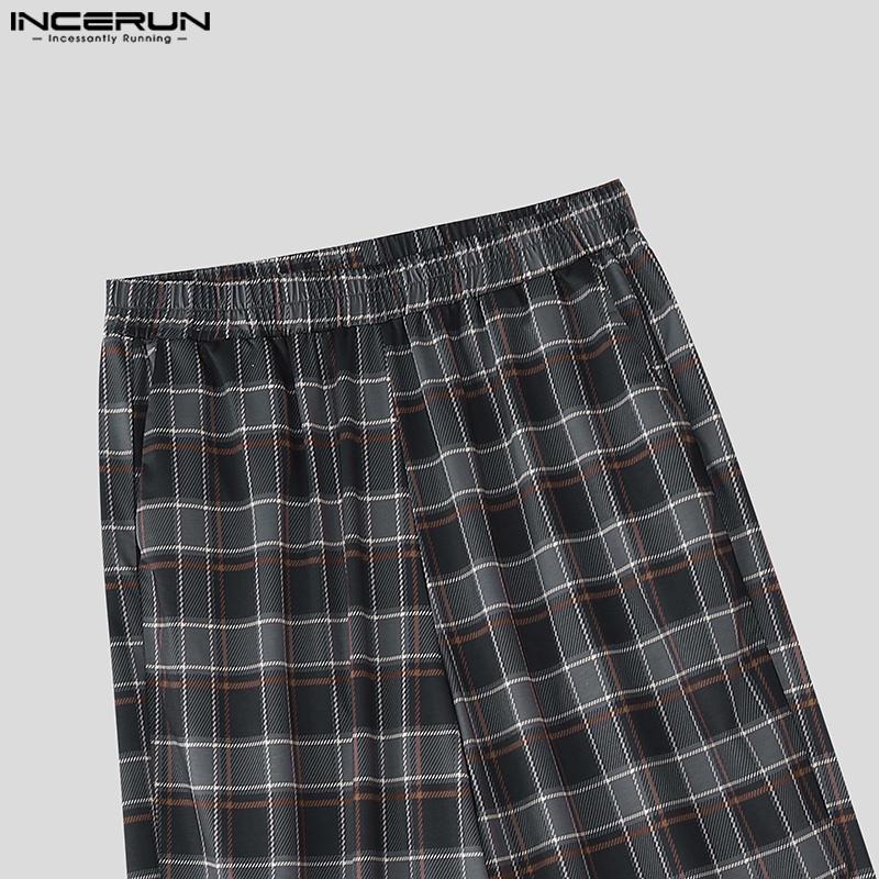 INCERUN Men Casual Loose Elastic Waist Plaid Print Wide Legs Pants Long Trousers