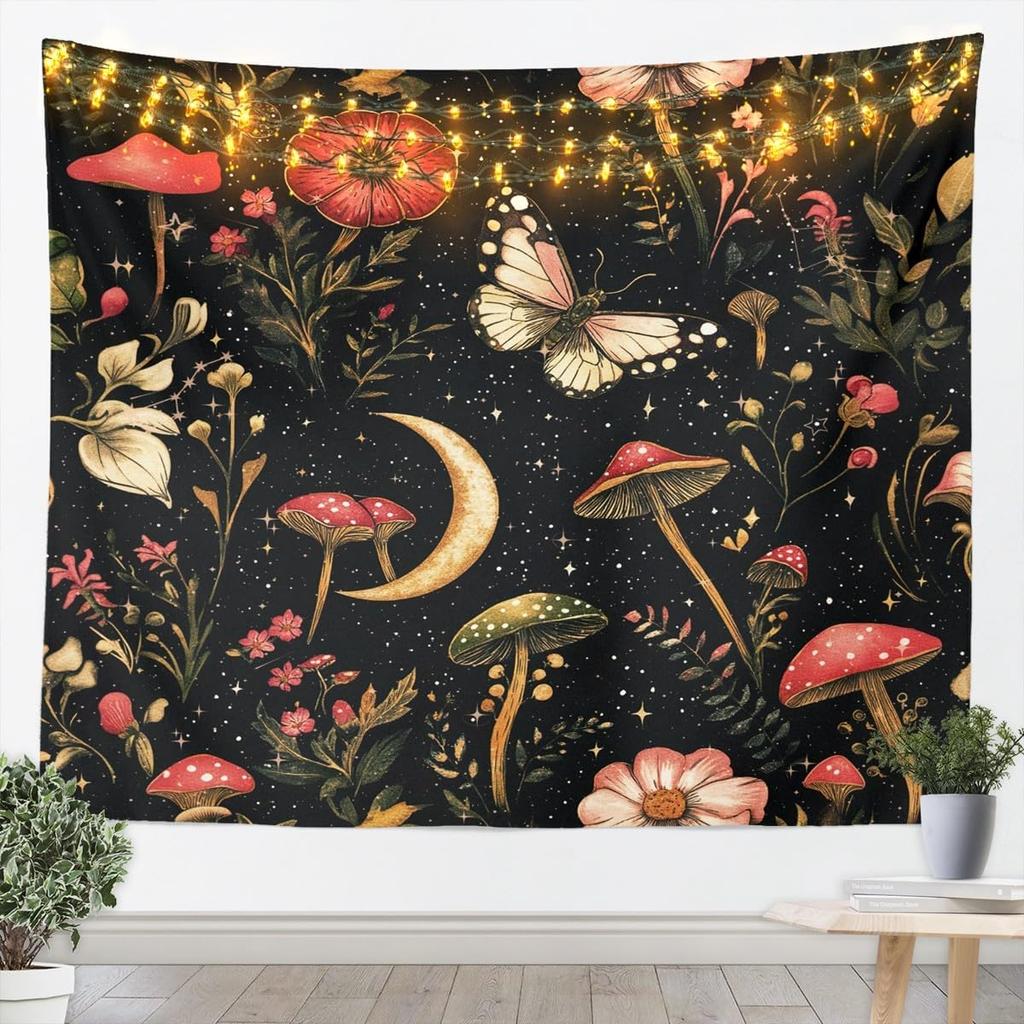 Halloween Boho Moth Tapestries Gothic Nature Wall Tapestry Boho Exotic Vintage Floral Black Wall Art For Kids Teens Youth Women