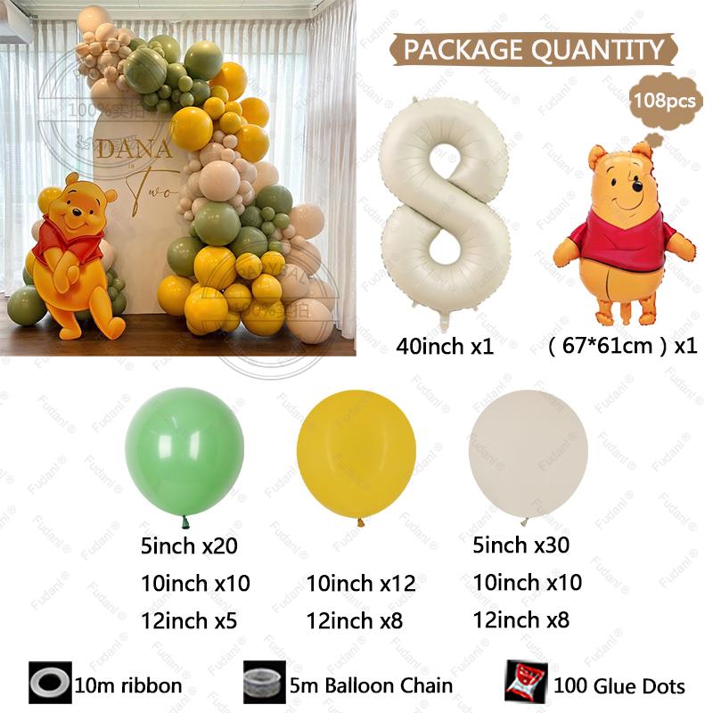 108pcs Winnie The Pooh Theme Birthday Party Balloon Set Pooh Aluminum Foil Balloon for Kids Baby Shower Decoration Supplies Gift