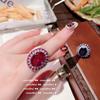 Oil Painting Garnet Red Denier-Shaped Gemstone Ring, 18K Gold-Plated Deep Sea Blue-Green Zircon Ring, Earring Set.