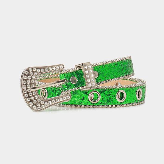 Women Belt Glitter Sequins Shiny Rhinestones Multi Holes Adjustable Length Waistband Imitation Leather Street Style Belt