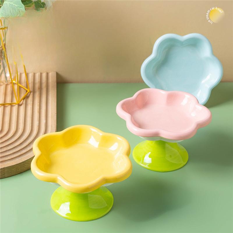 Flower Designed Cat Bowl, Raised, For Neck Protection, Includes Snack Dish, Water Plate, Food Bowl With Stand Pink