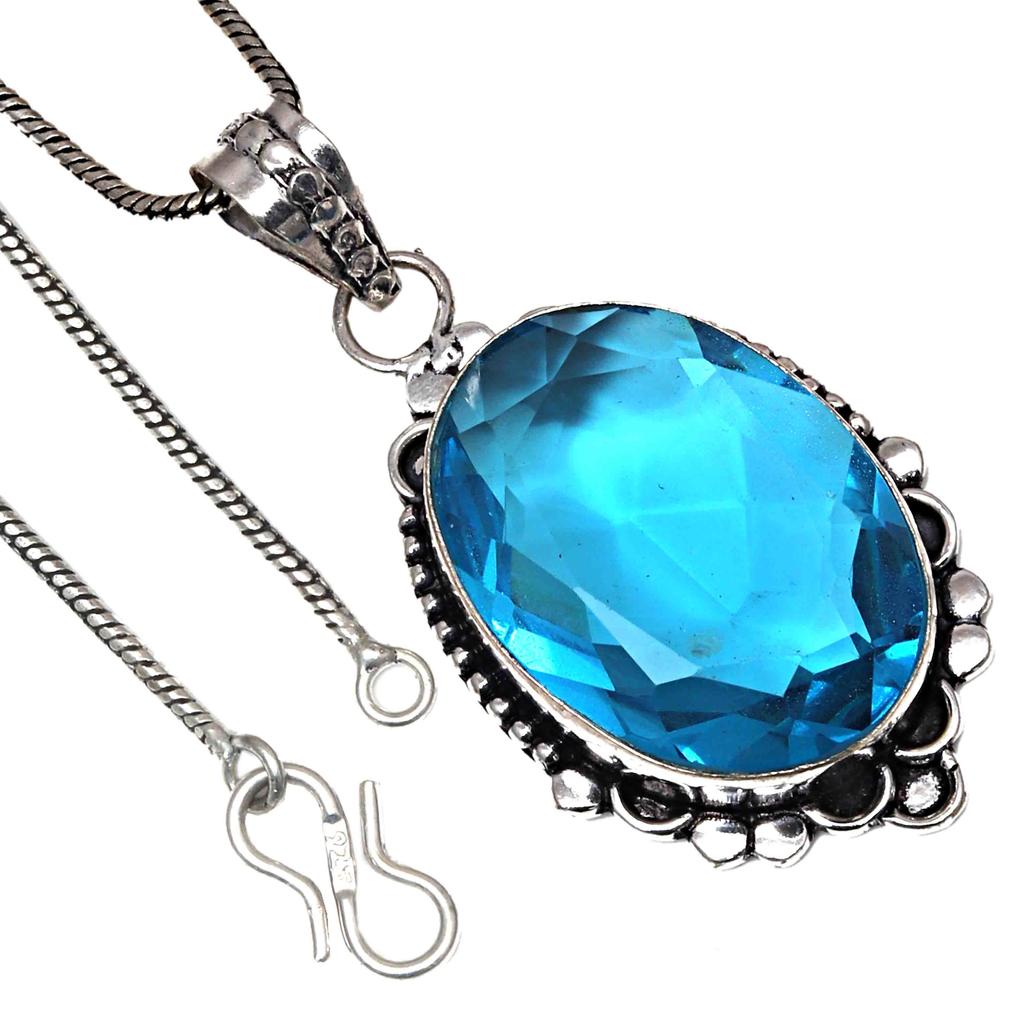 Pendant Swiss Blue Quartz Gemstone Handicraft Valentine'Day Silver Jewelry 2"