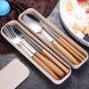 Stainless Steel Cutlery Set with Wooden Handles - Includes Chopsticks, Fork & Spoon for Students and Outdoor Travel.