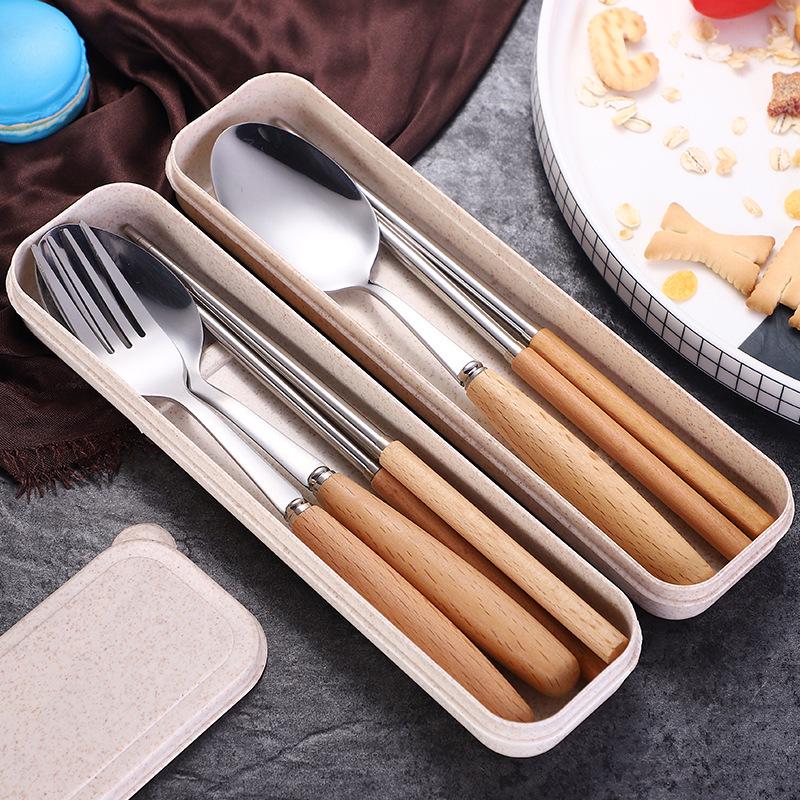 Stainless Steel Cutlery Set with Wooden Handles - Includes Chopsticks, Fork & Spoon for Students and Outdoor Travel.